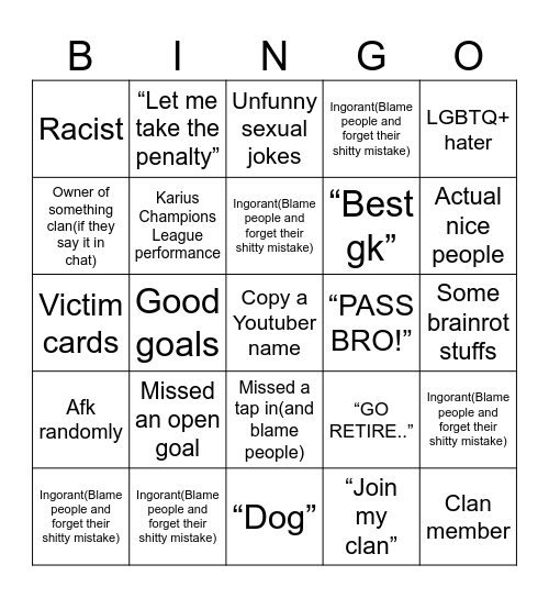 Touch football Bingo Card