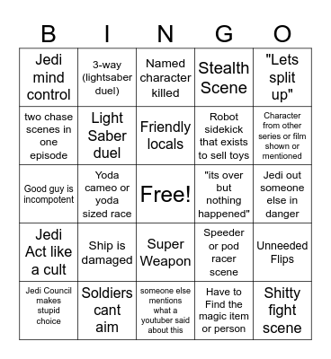 Shitty Star Wars Bingo Card