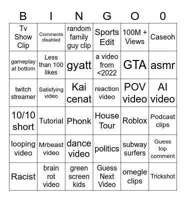 YT shorts bingo Card
