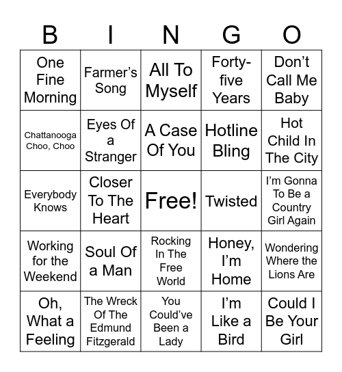 Canada Day Music Bingo Card