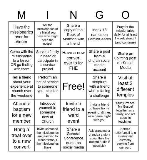 Missionary Mania-Riverway Ward Bingo Card