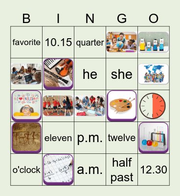 Subject and Time Bingo Card