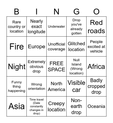 Google Street View Bingo Card