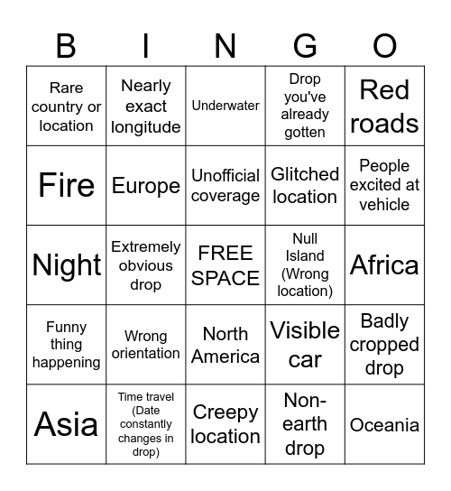 Google Street View Bingo Card