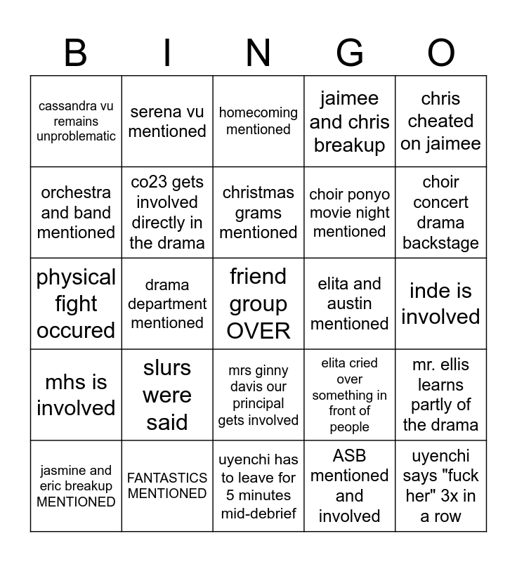 Choir Discourse Bingo Card