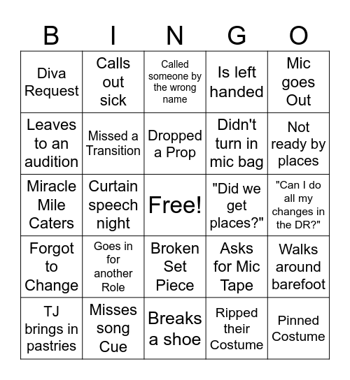 Actor Bingo Card