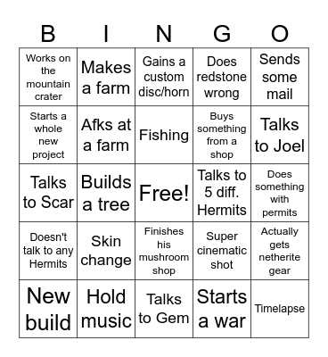 Grian HC Episode Bingo Card