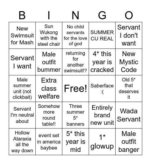 FGO Summer Bingo Card
