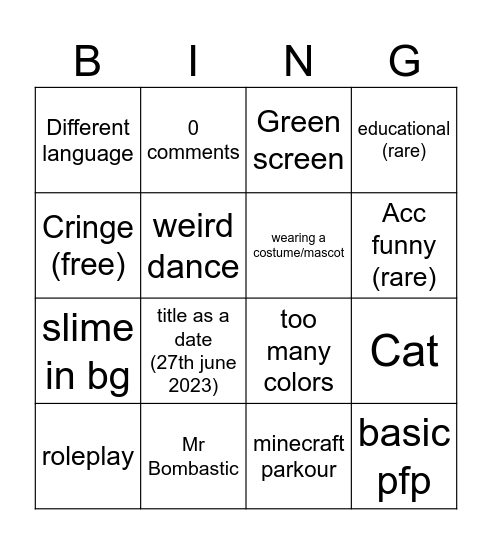 YT shorts cringe Bingo Card