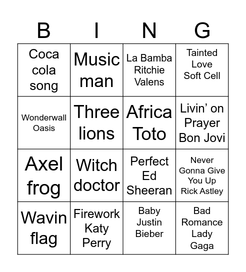 Rock and Roll Bingo Card