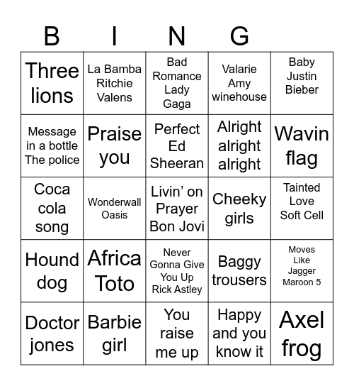 Rock and Roll Bingo Card