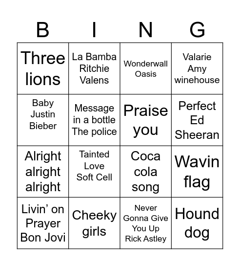 Rock and Roll Bingo Card