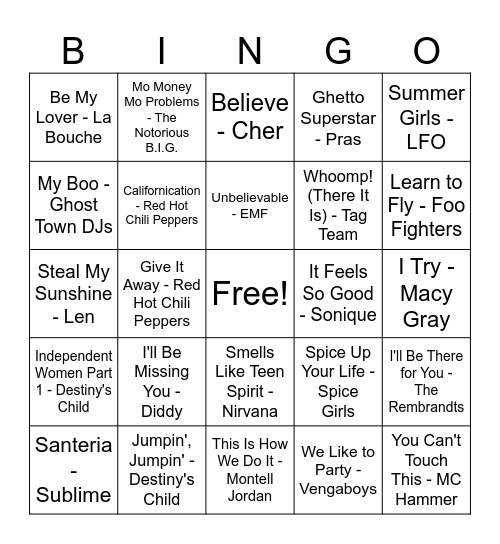 90's Music Bingo Round #2 Bingo Card