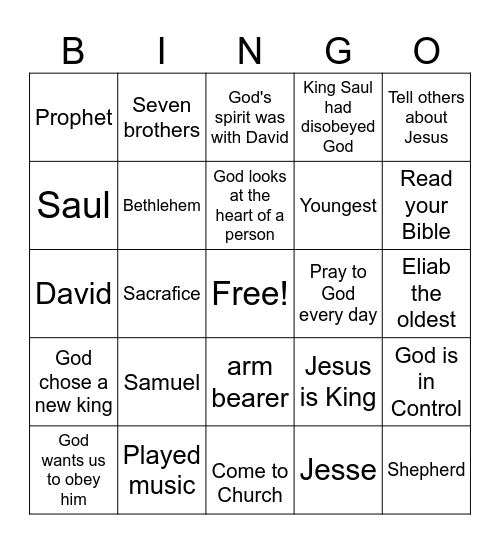 God Chooses David as King Bingo Card