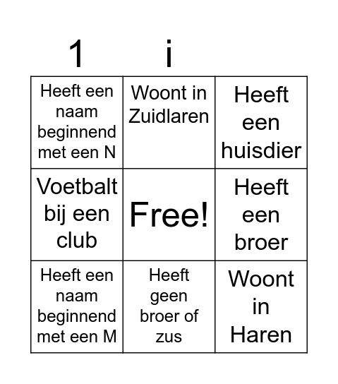 Bingo: schrijf de naam in het vakje Bingo Card