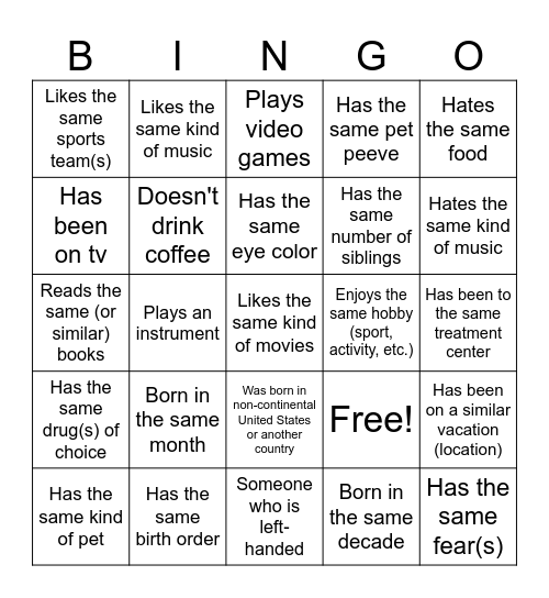 Commonalities Bingo Card