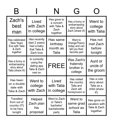 Talia & Zach's Bingo Card