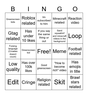 YT shorts bingo Card