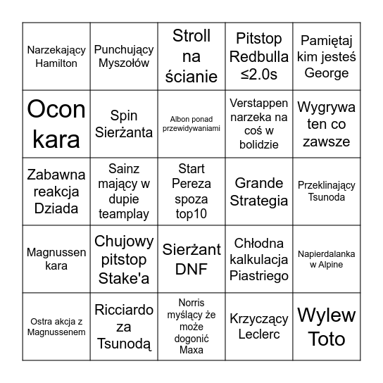 F1 Bingo Card