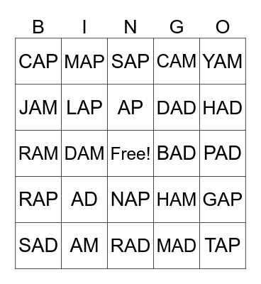 SHORT A SOUNDS Bingo Card