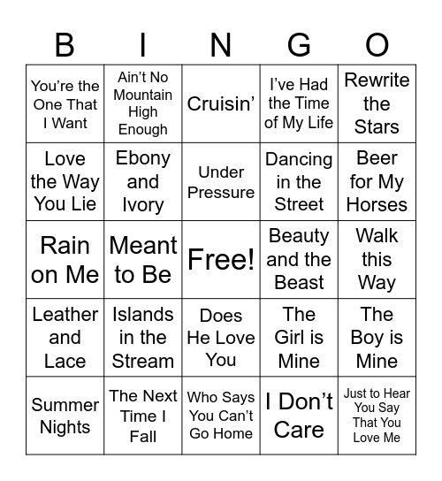 Duets Music Bingo Card