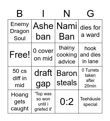 Prime League Bingo Card