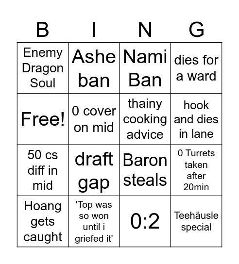 Prime League Bingo Card