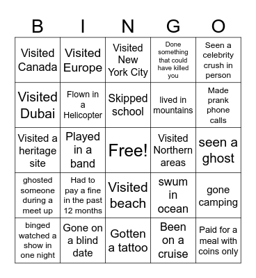Bucket List Bingo Card