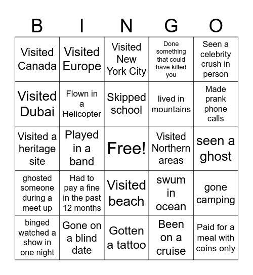 Bucket List Bingo Card