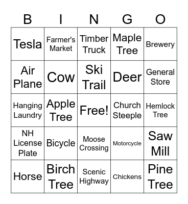 Vermont Road Trip Bingo Card