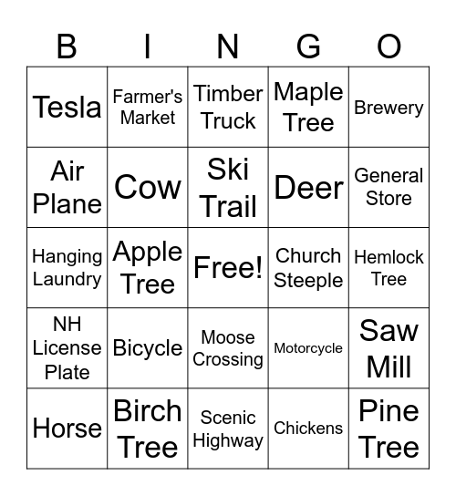 Vermont Road Trip Bingo Card