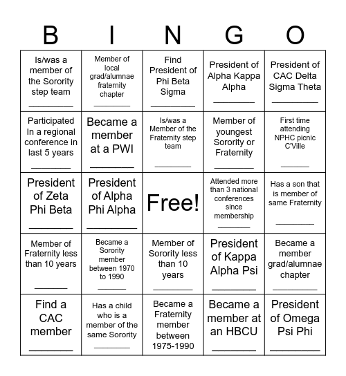 NPHC Meet Bingo Card