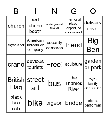 "What did you notice?" London Photo Bingo Card