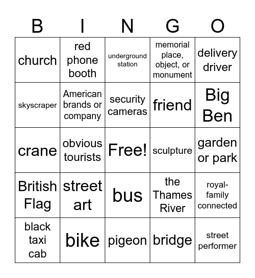 "What did you notice?" London Photo Bingo Card