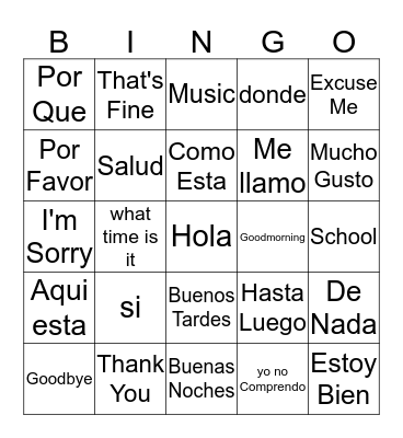 Spanish / English Language BINGO Card