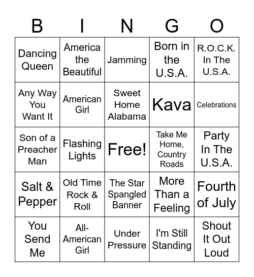 July 4th Jams Bingo Card