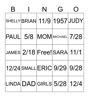 SMALL FAMILY Bingo Card