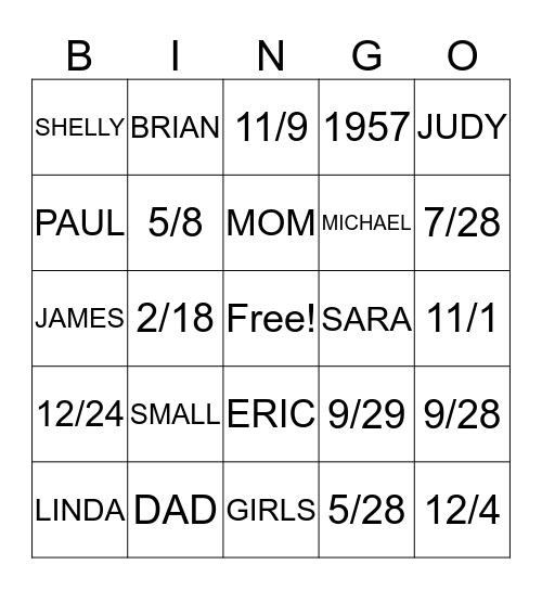 SMALL FAMILY Bingo Card