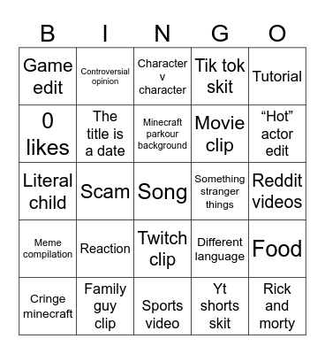 YouTube shorts Bingo Card