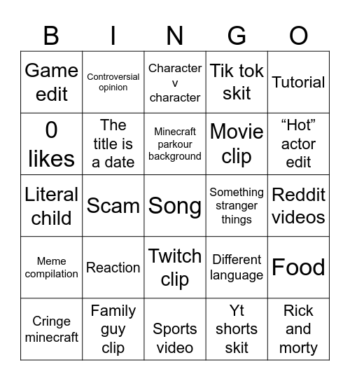 YouTube shorts Bingo Card