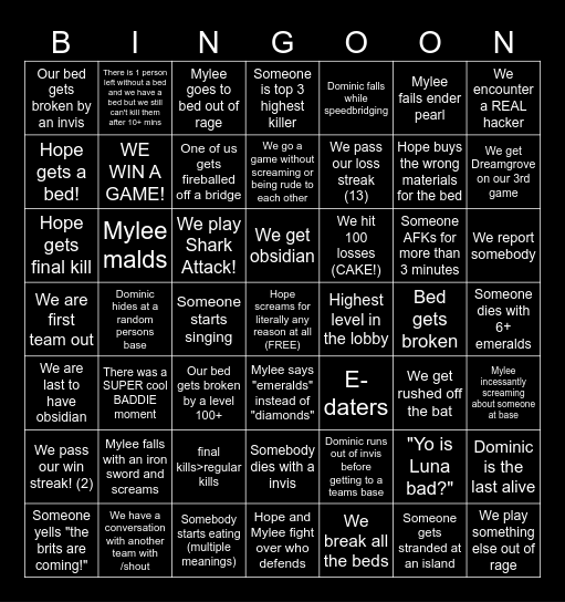 BEDWARS BINGO!! (BIG VER) Bingo Card