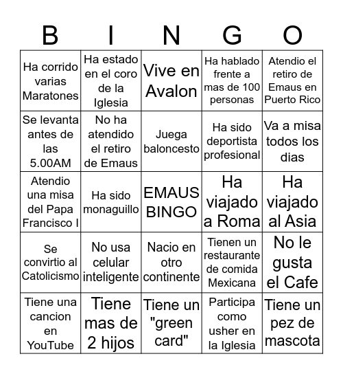 Emaus Bingo Card