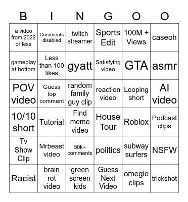YOUTUBE SHORTS BINGO Card