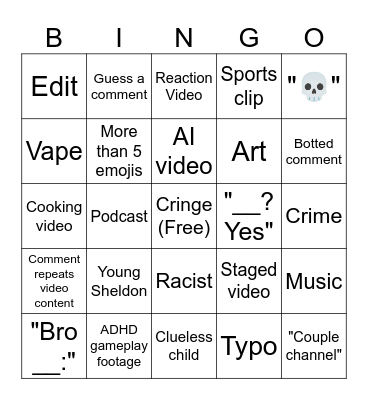 Youtube Shorts Comments Bingo Card