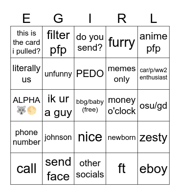 Egirl bingo Card