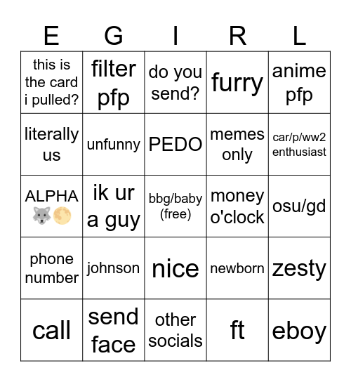 Egirl bingo Card