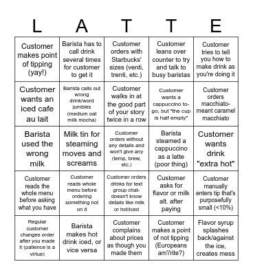 Barista Bingo! Bingo Card