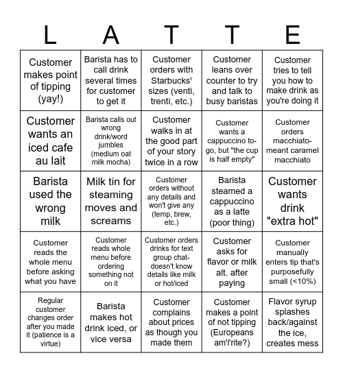 Barista Bingo! Bingo Card