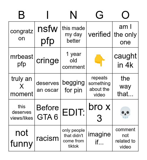 Brainrot Shorts Bingo Card