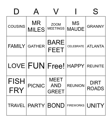 DAVIS FAMILY REUNION Bingo Card